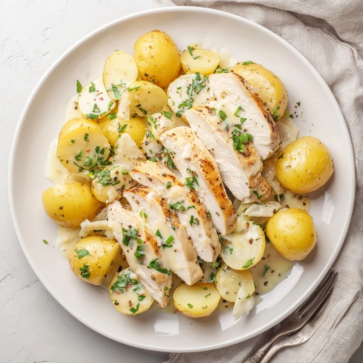Creamy Herb Chicken Potatoes Recipe: golden chicken, herb-scented potatoes bathed in sauce