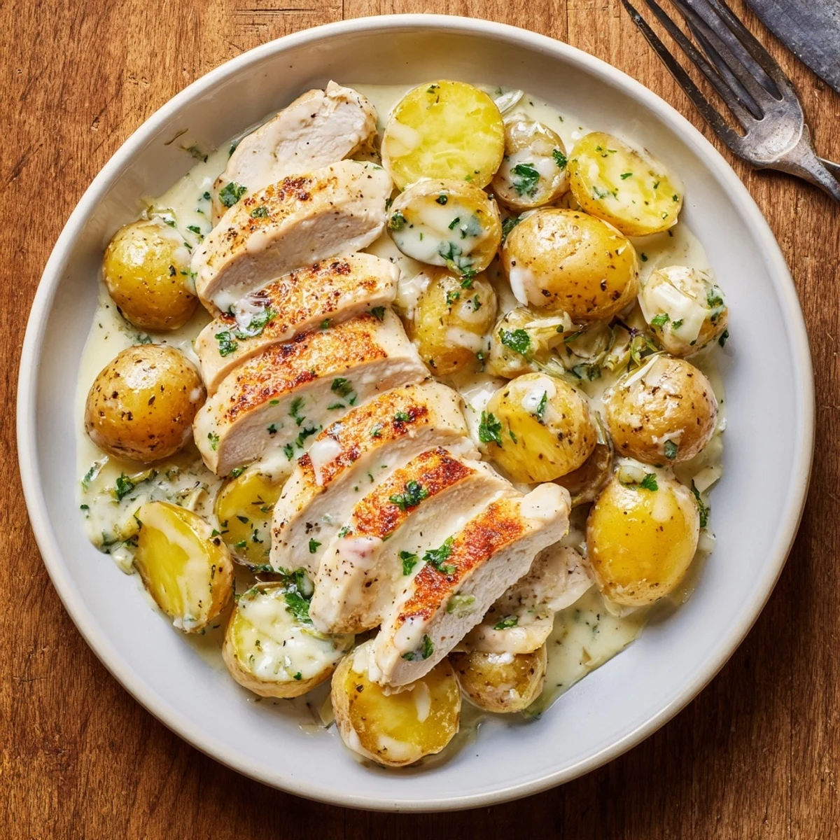 Warm Creamy Herb Chicken Potatoes Recipe served with silky cream sauce and parsley