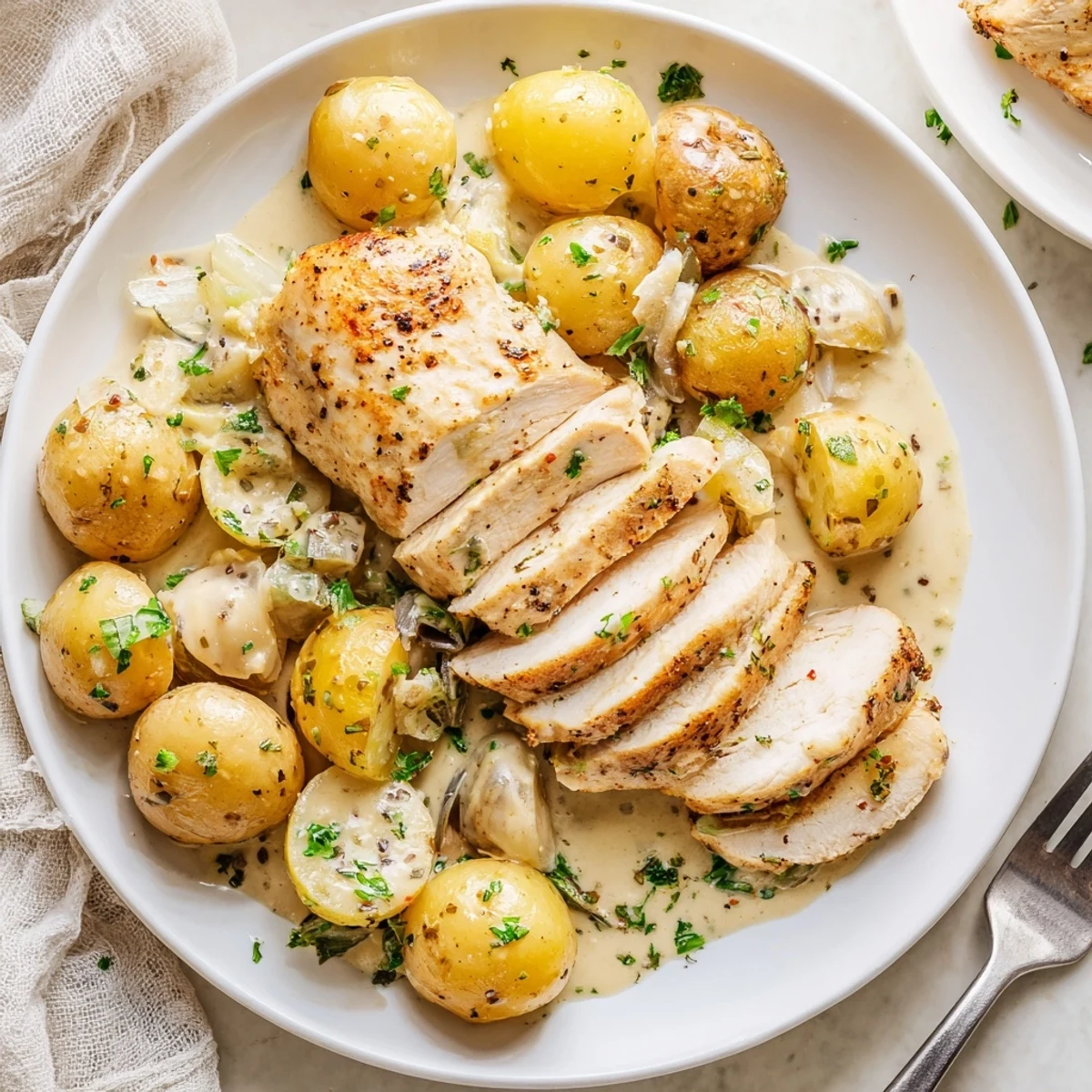 Skillet Creamy Herb Chicken Potatoes Recipe, tender chicken and rosemary-infused potatoes