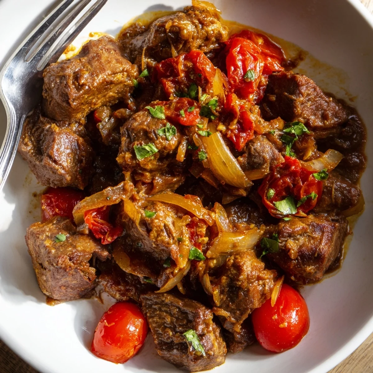 Kenyan Goat Wet Fry glistening in pan, aromatic spices and cilantro