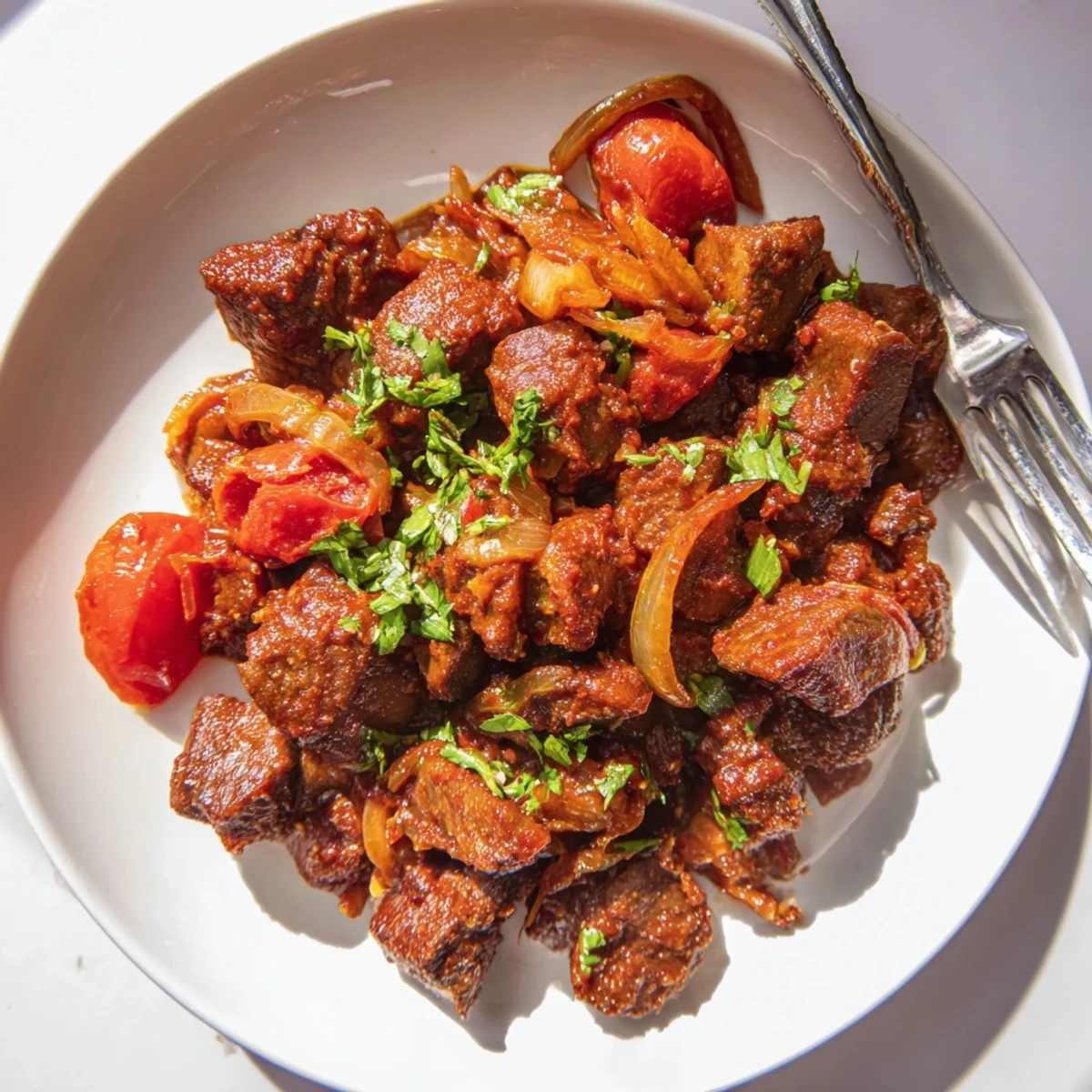Spiced Kenyan Goat Wet Fry, tender pieces coated in glossy tomato sauce
