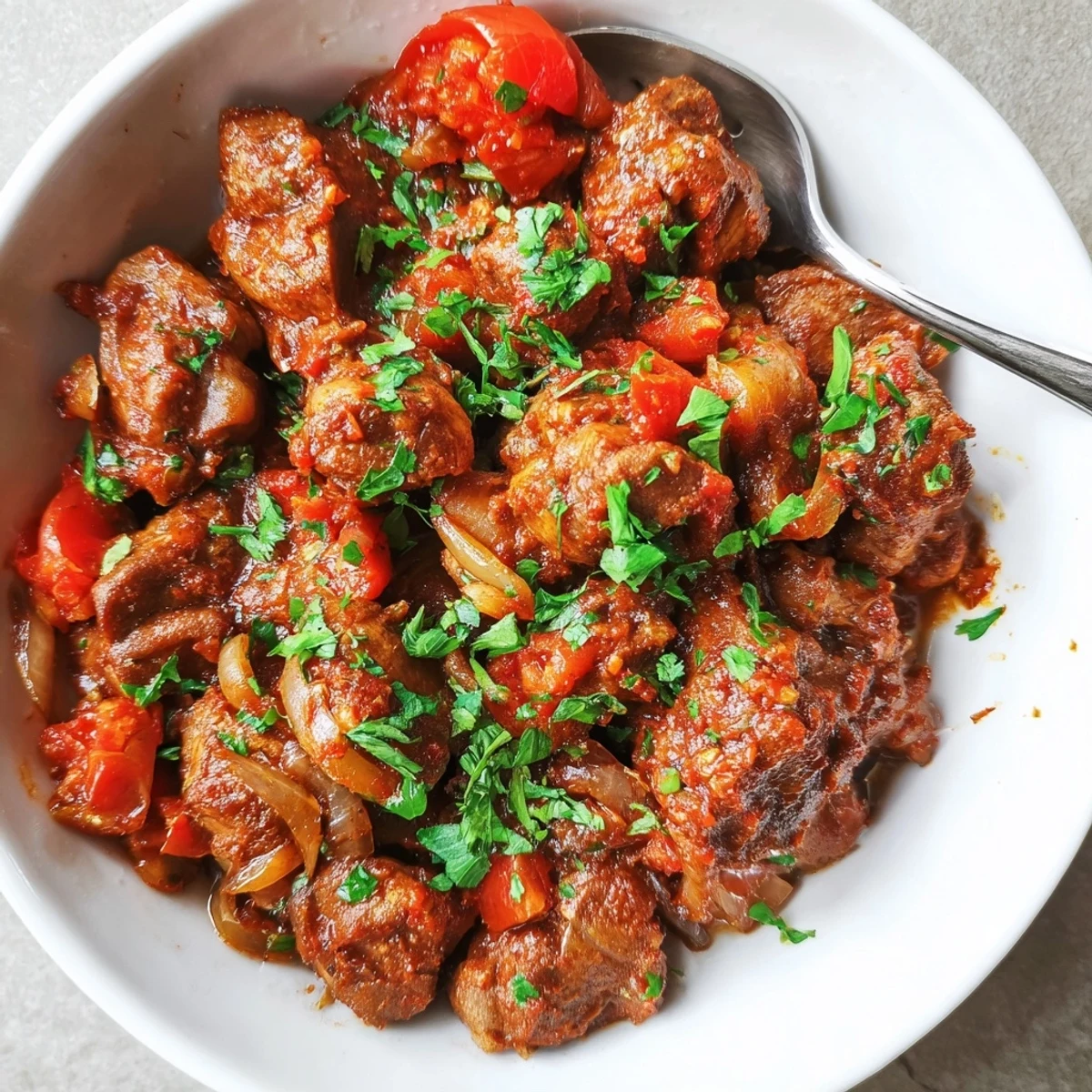 Slow-simmered Kenyan Goat Wet Fry served steaming with fluffy white rice