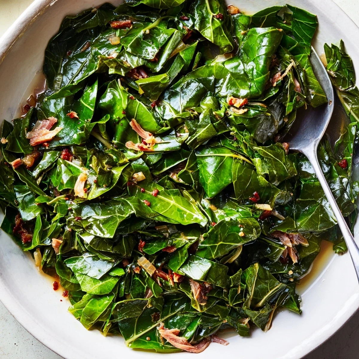 Collard Greens slow-cooked with smoky ham hock, steaming beside cornbread