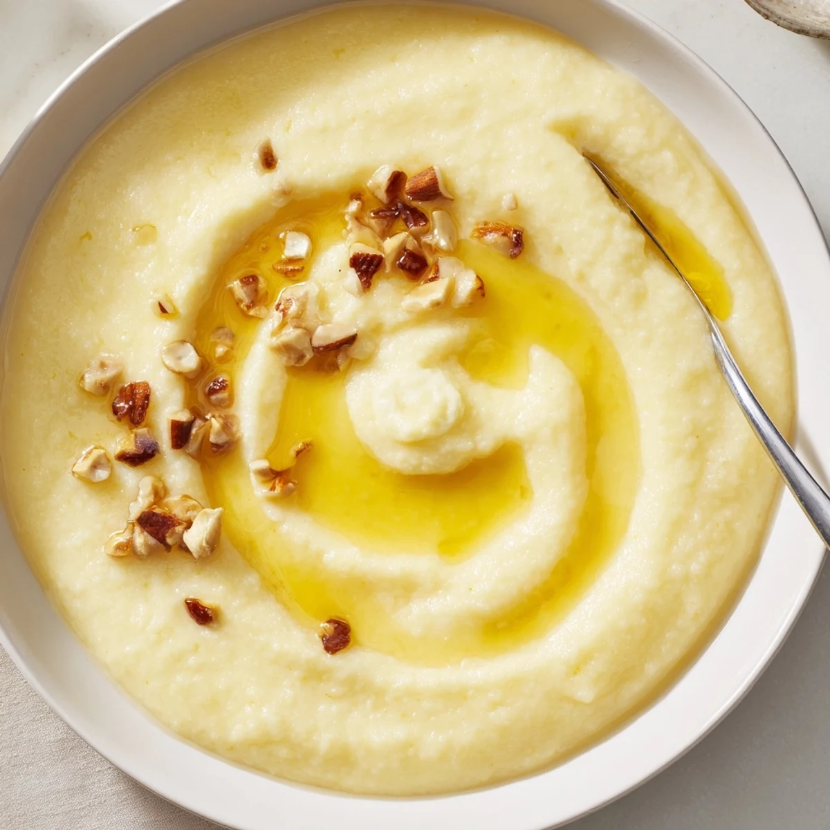 Steaming bowl of Maize Porridge, creamy texture, butter melting, honey drizzle