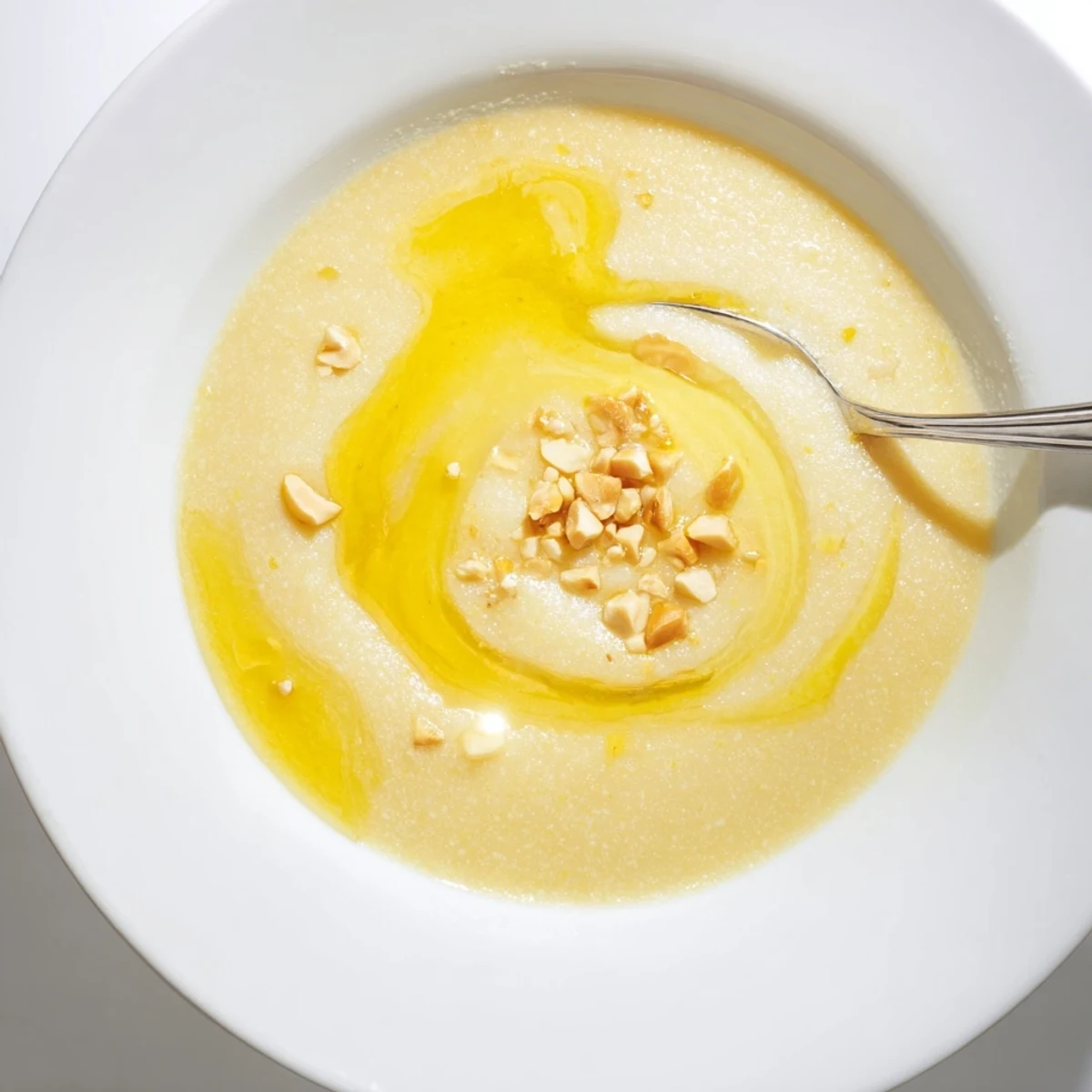 Wooden spoon swirling thick Maize Porridge in saucepan, warm corn aroma