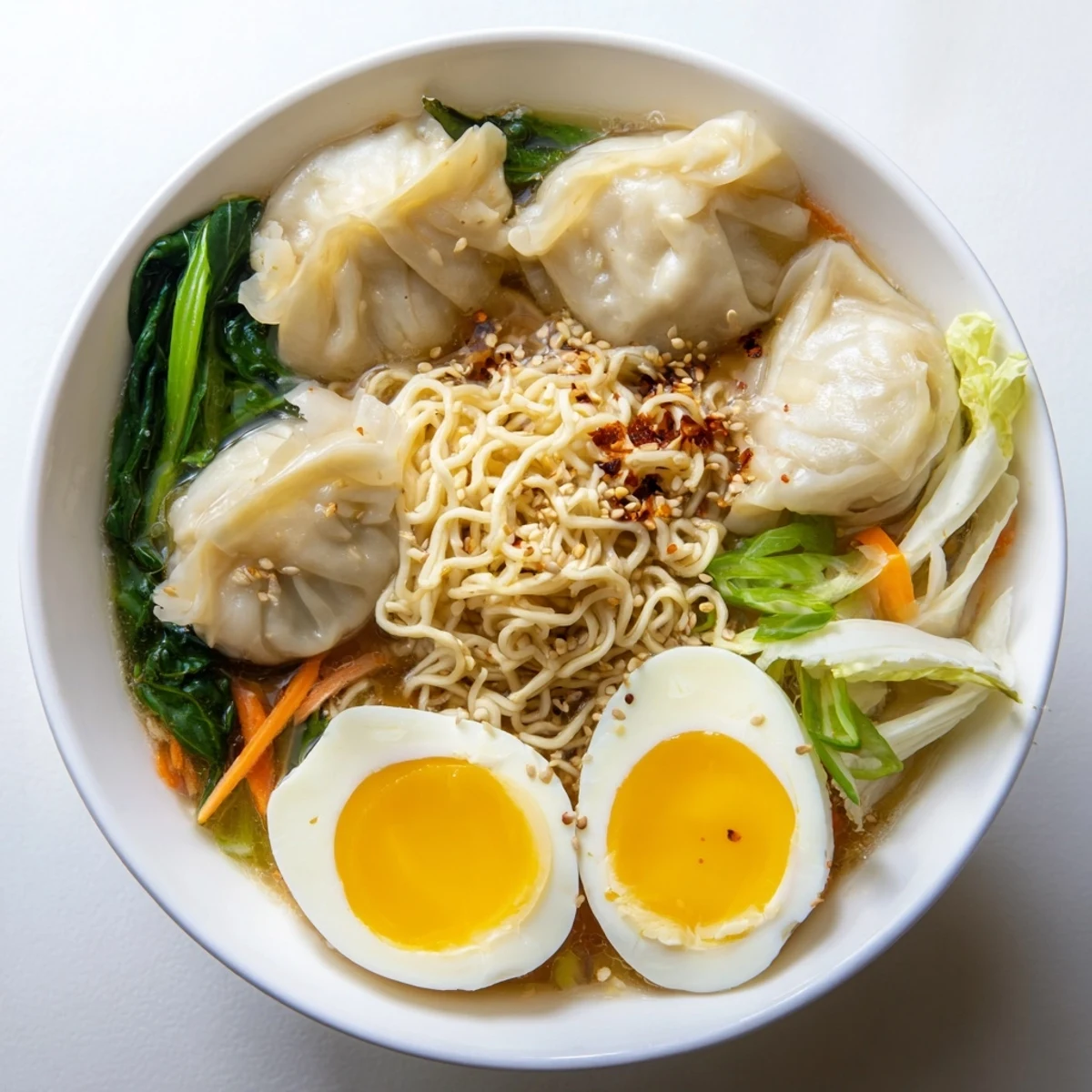 Dumpling Ramen Bowl with soft boiled eggs, steaming broth, and vibrant greens