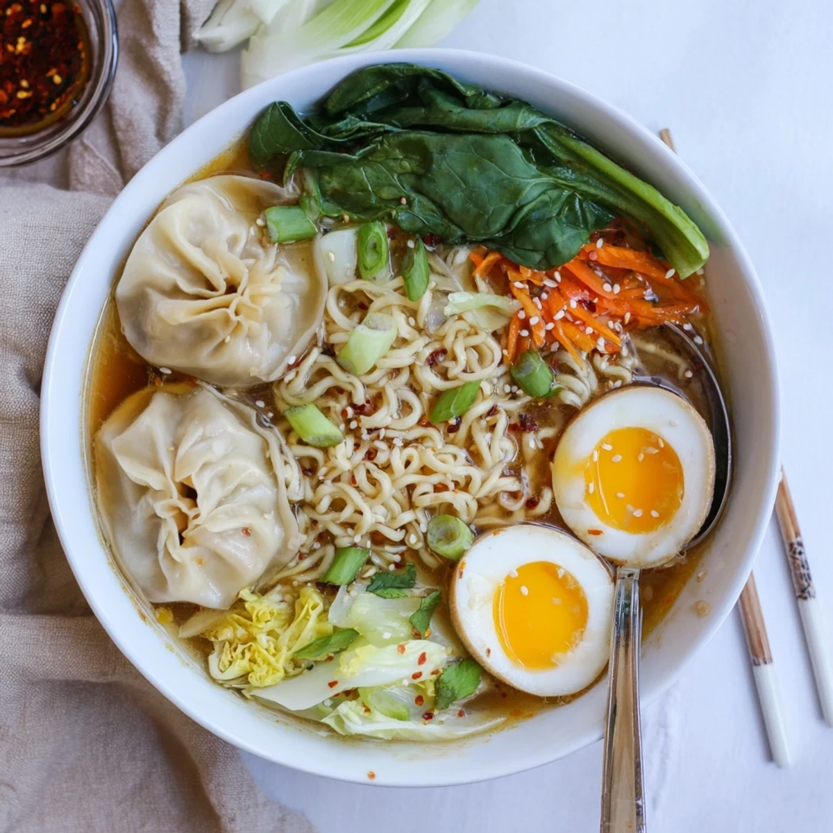 Aromatic Dumpling Ramen Bowl with pillowy dumplings, chewy noodles, bright scallions