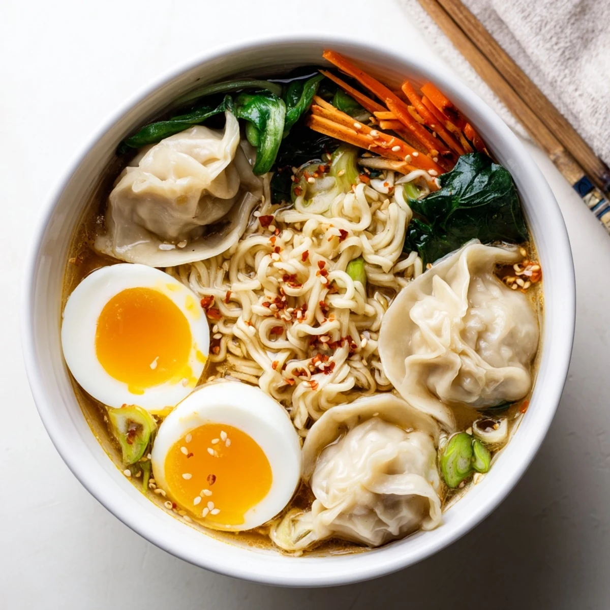Cozy Dumpling Ramen Bowl served hot with halved soft boiled eggs and cilantro