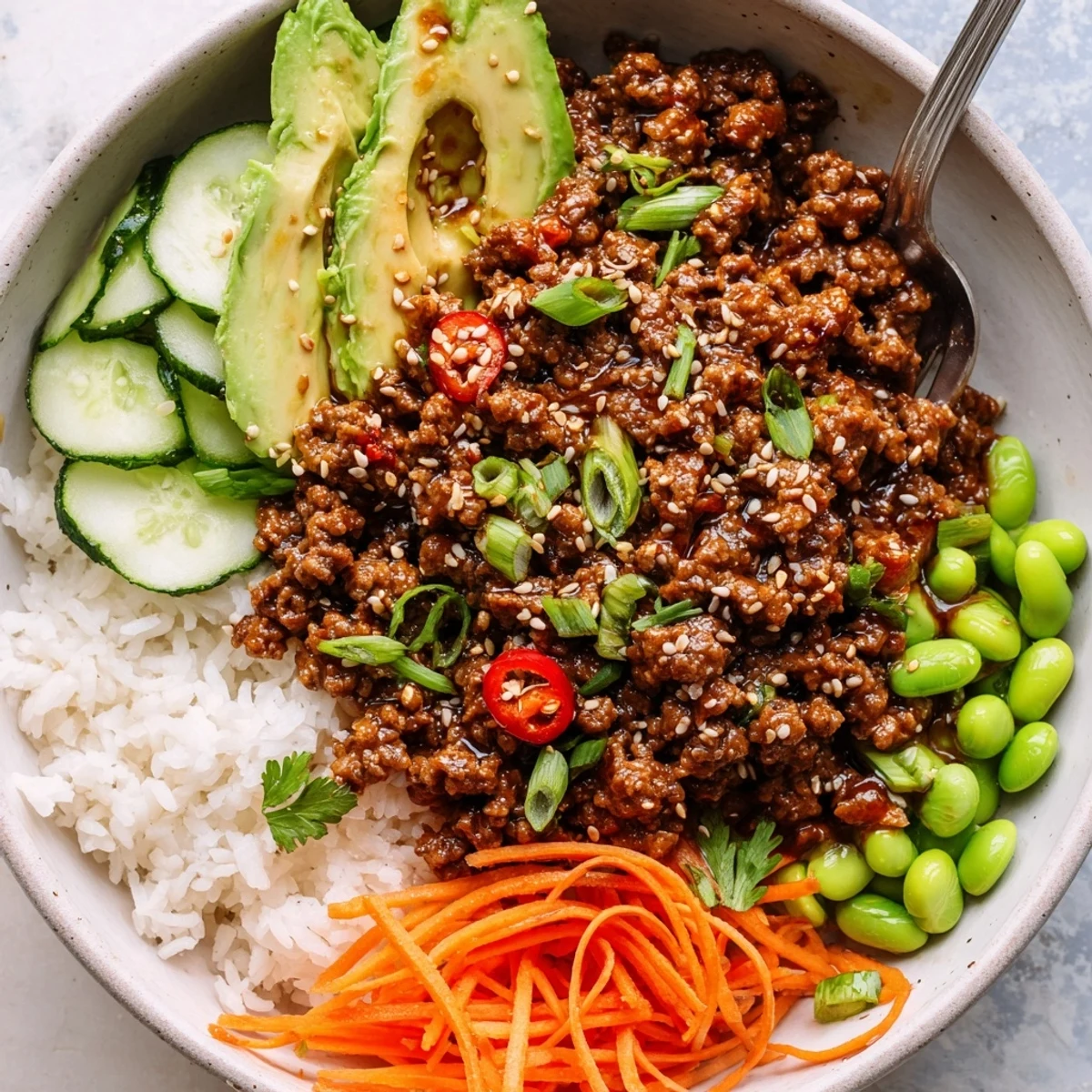 Viral Ground Beef Hot Honey Bowl steaming over rice, glossy spicy sweet glaze