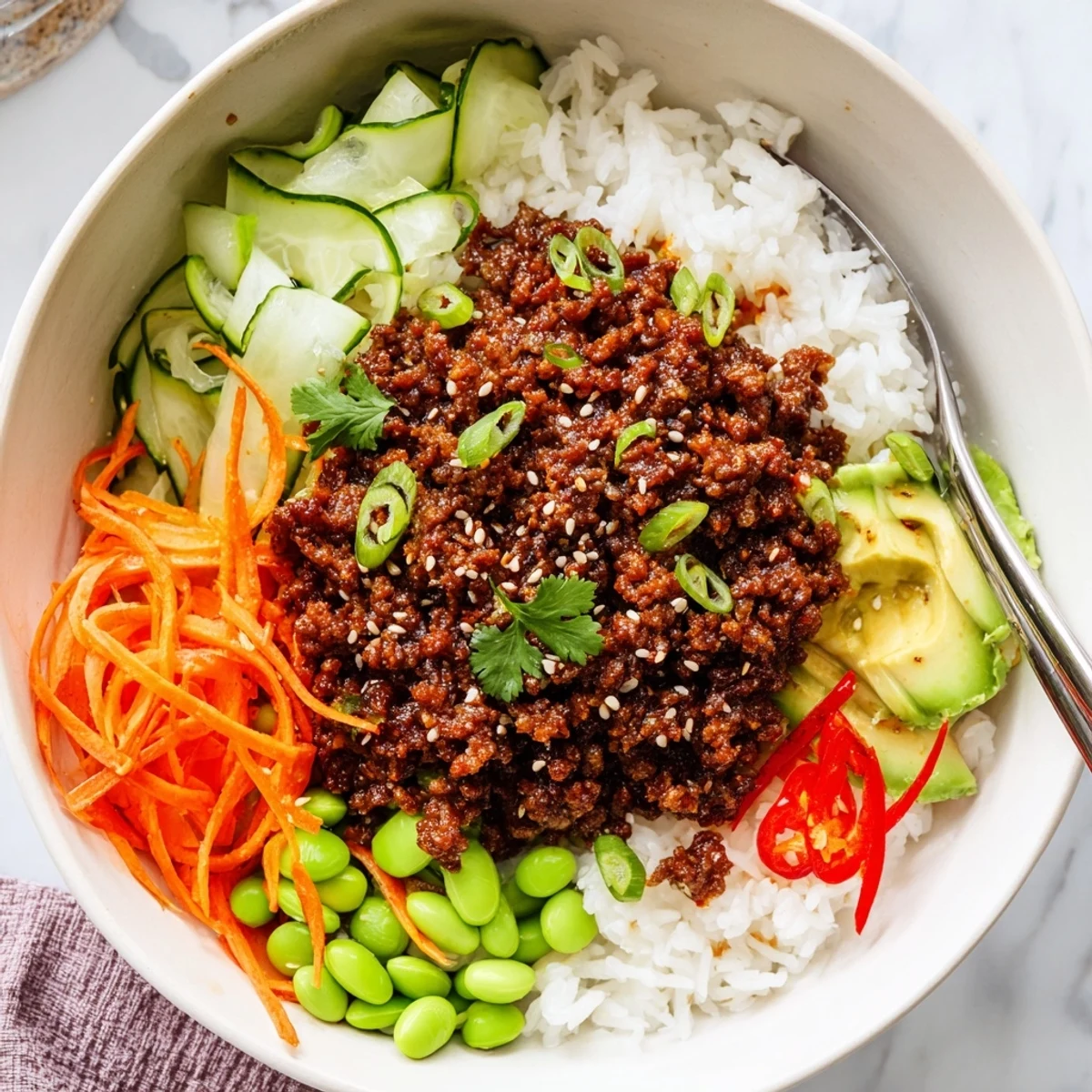 Warm Viral Ground Beef Hot Honey Bowl served with avocado slices and scallions