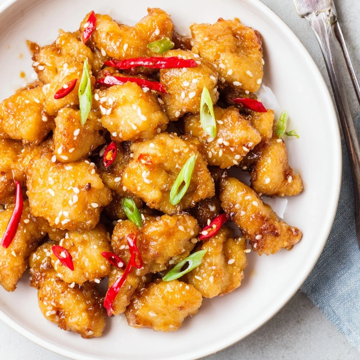Crispy Orange Chicken glazed in sticky citrus sauce, garnished with toasted sesame.
