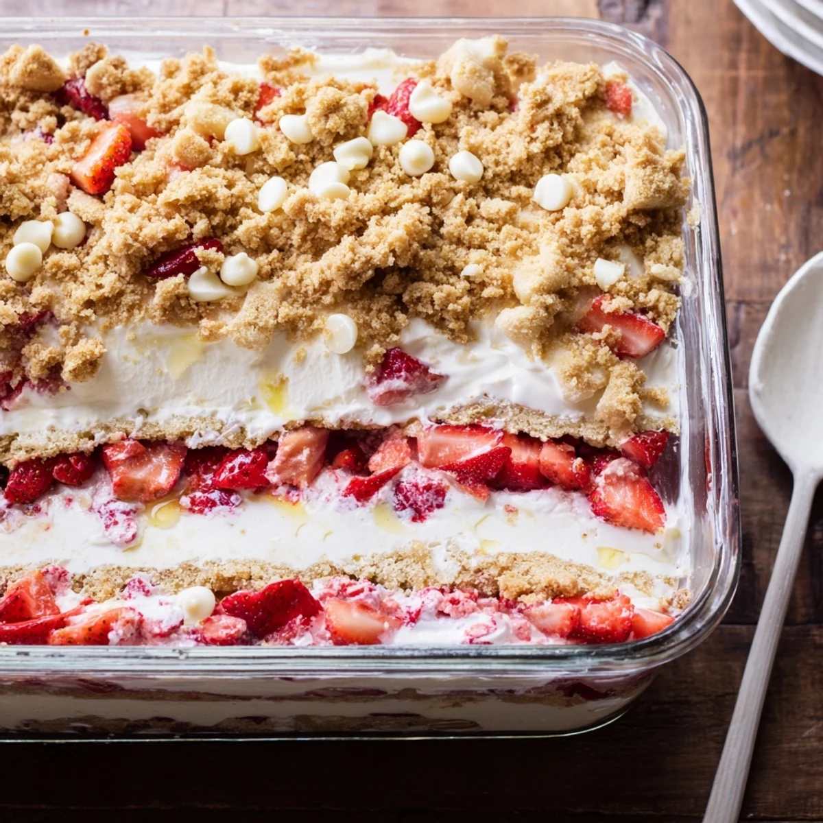 Golden strawberry cheesecake crunch layered dessert showcasing creamy filling and fresh diced strawberries