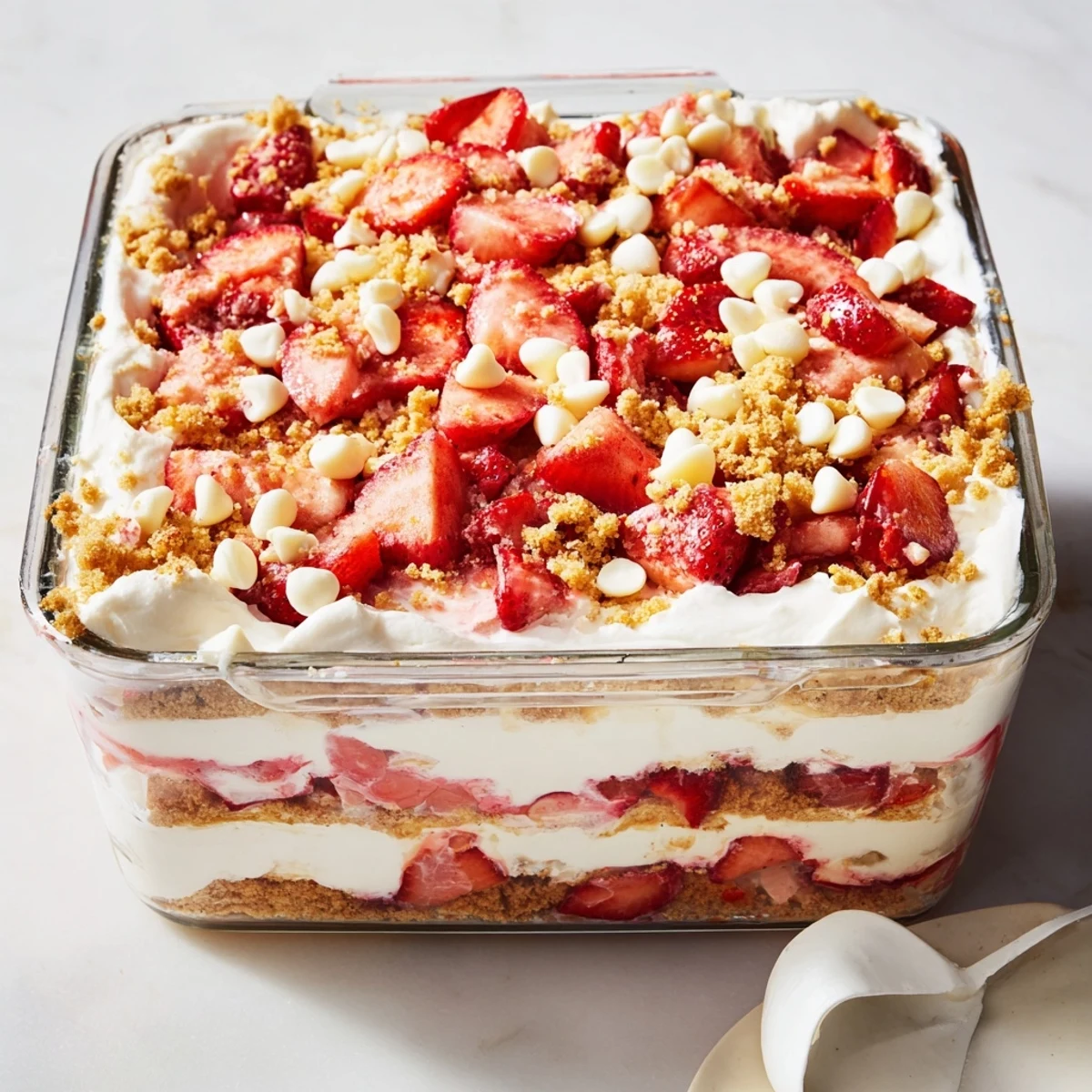 Individual glass parfaits featuring layered strawberry cheesecake crunch with whipped cream and berries