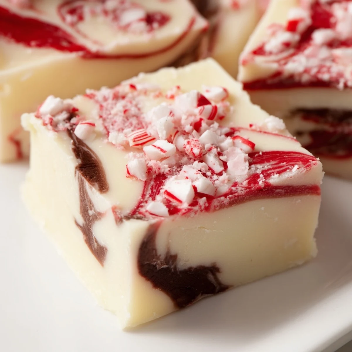 Creamy peppermint swirl fudge squares topped with crushed candy cane pieces on a white plate