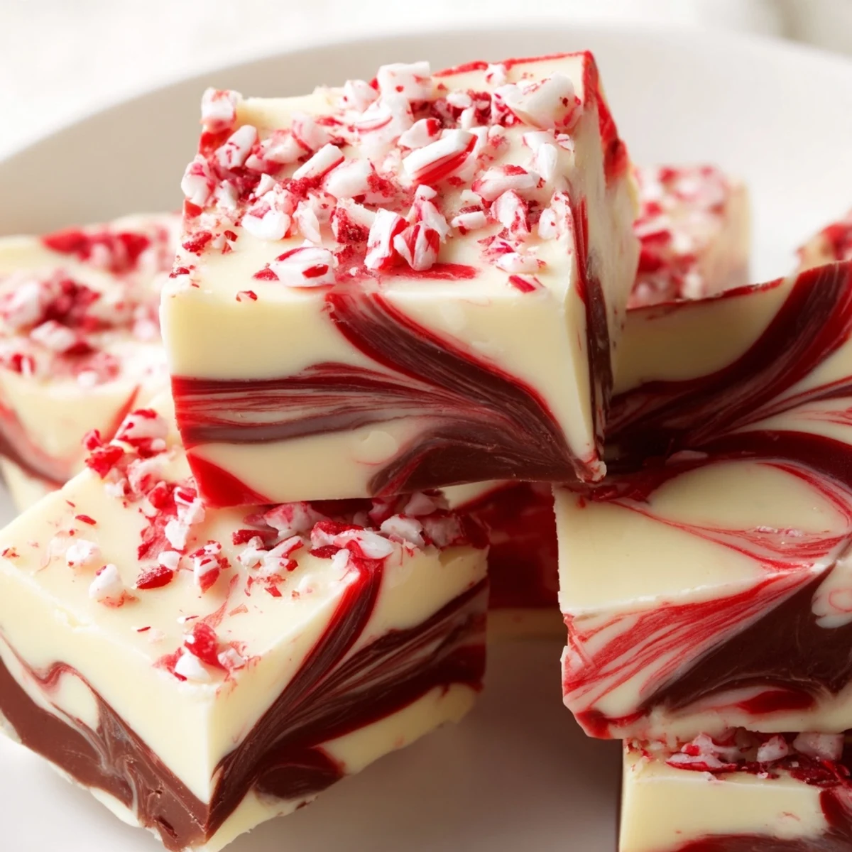 Festive peppermint swirl fudge showing the swirled chocolate pattern and sparkling candy cane garnish