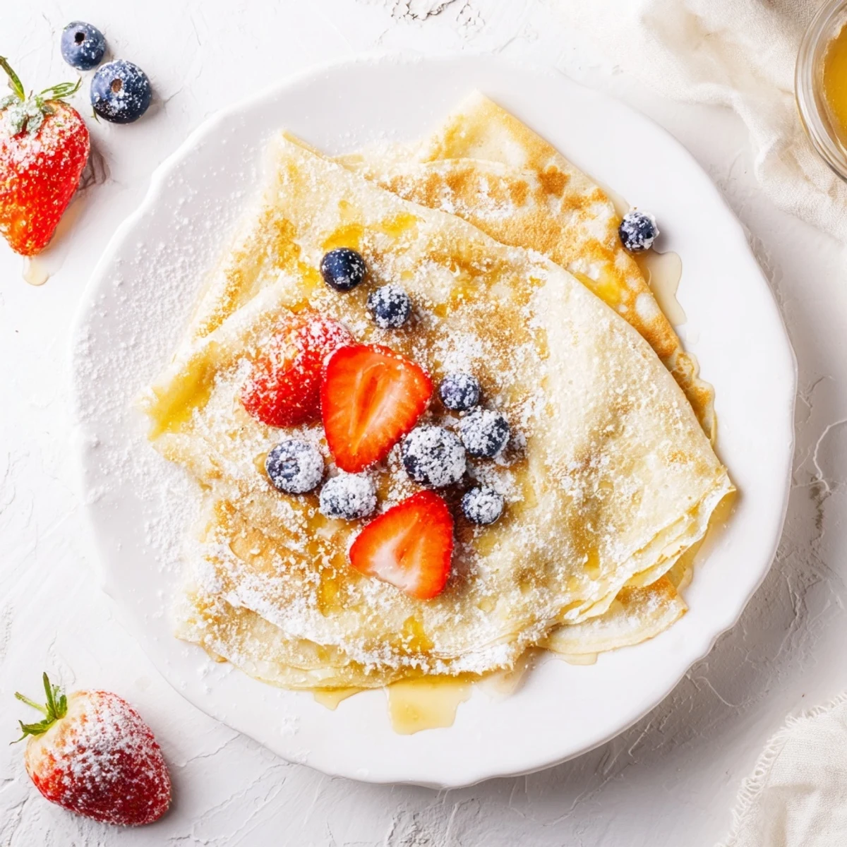 Golden honey generously drizzled over warm, delicate French crepes with powdered sugar