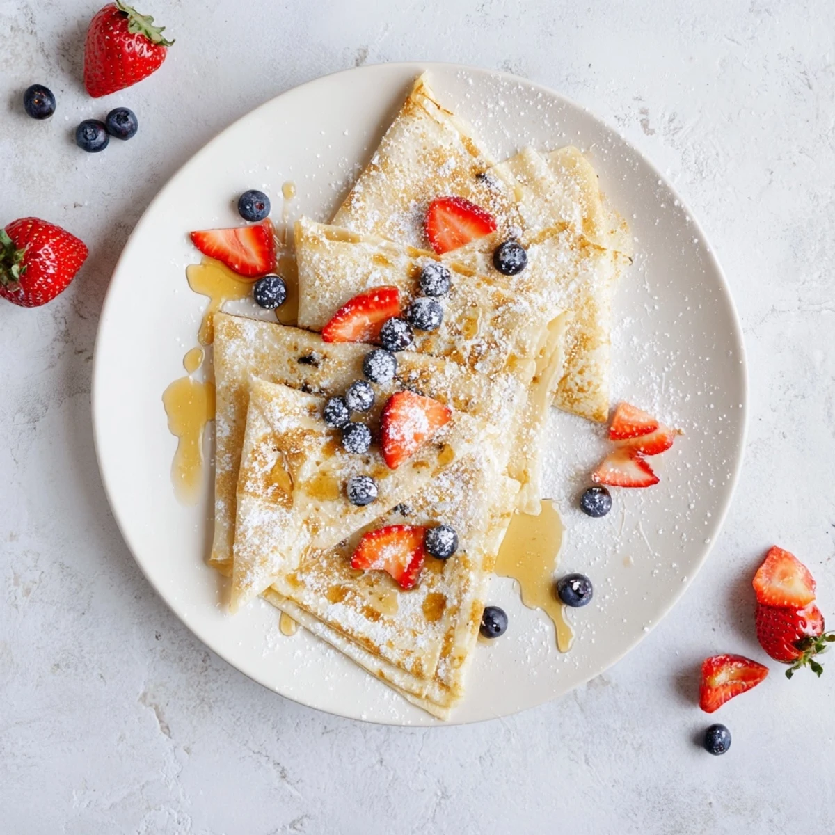 Stack of thin lacy crepes topped with honey and fresh berries for brunch