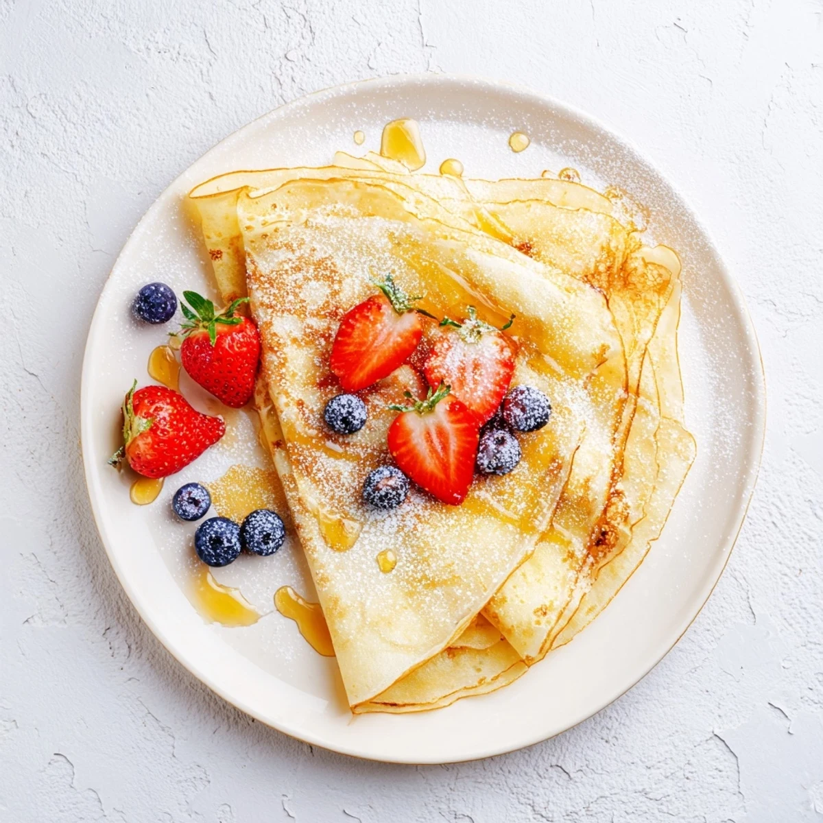 Light and airy crepes served on white plate with sweet honey flowing down sides