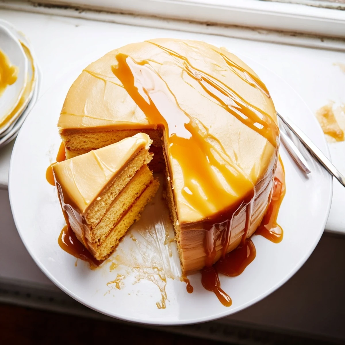 Three-layer caramel cake with silky buttercream frosting and glossy amber drizzle on top