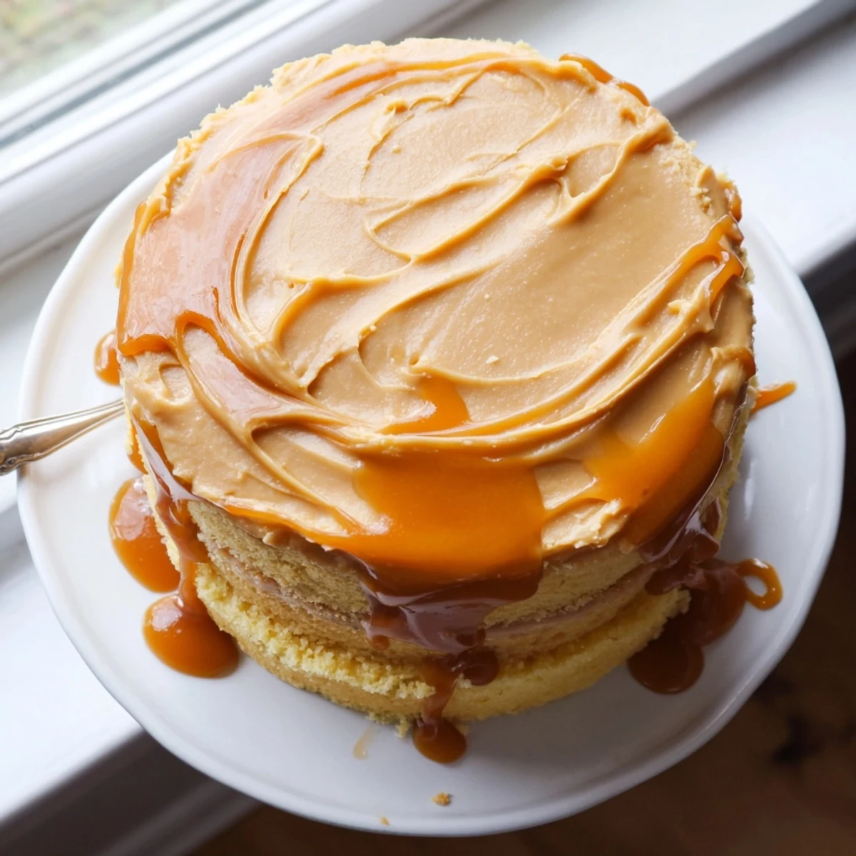 Golden caramel cake topped with smooth frosting and flowing caramel sauce on white plate