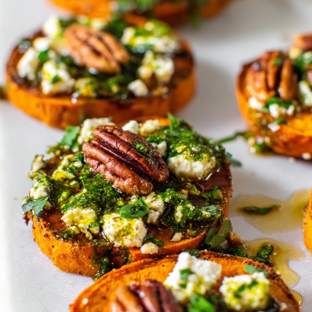 Golden roasted sweet potato crostini topped with crumbled feta, sweet honey drizzle, and fresh green herbs
