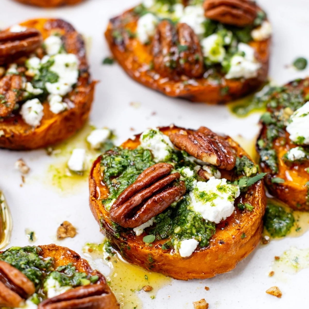 Close-up of Mediterranean appetizer showing creamy feta and honey glaze over roasted sweet potato rounds