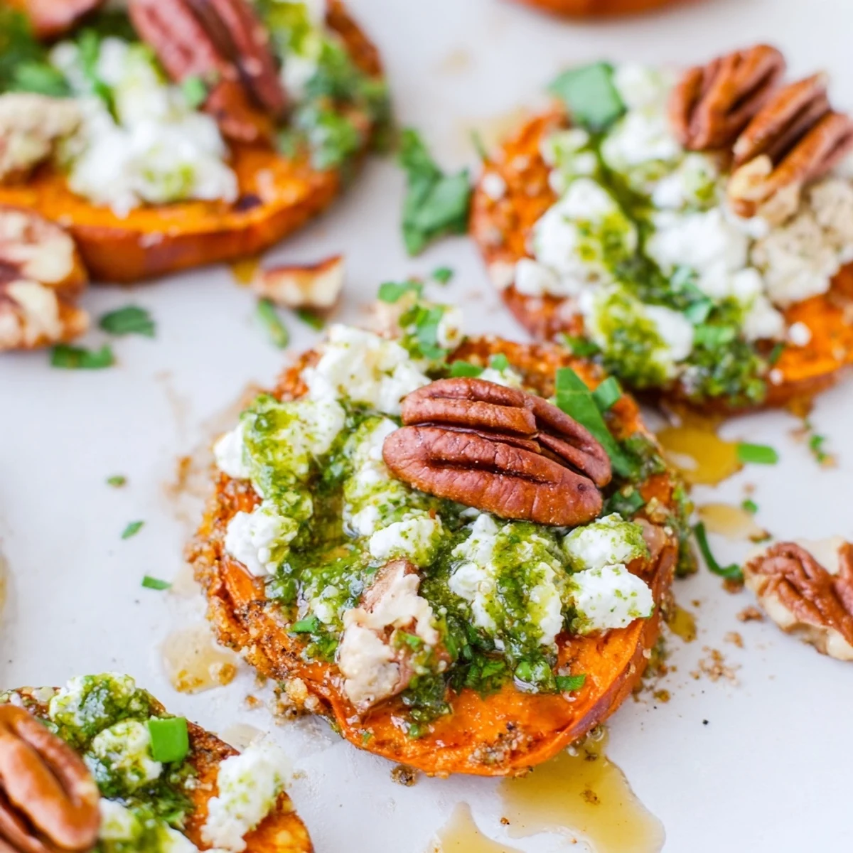 Appetizer spread featuring honey feta sweet potato crostini arranged on serving platter with herb drizzle garnish