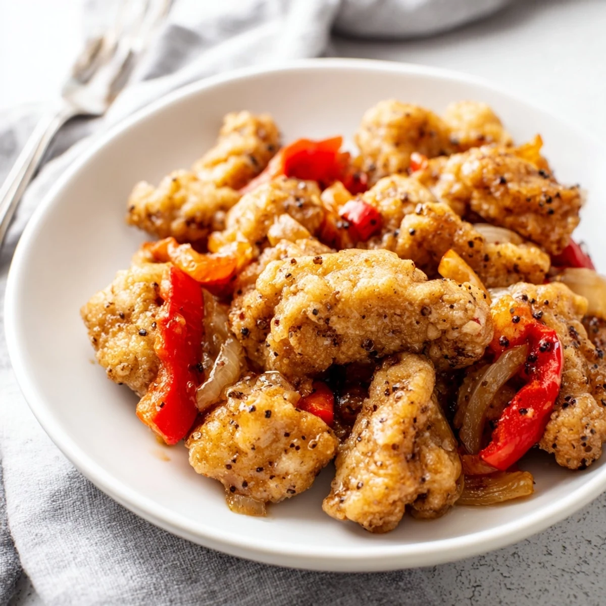 Golden crispy pepper chicken pieces tossed with colorful bell peppers in a savory black pepper sauce