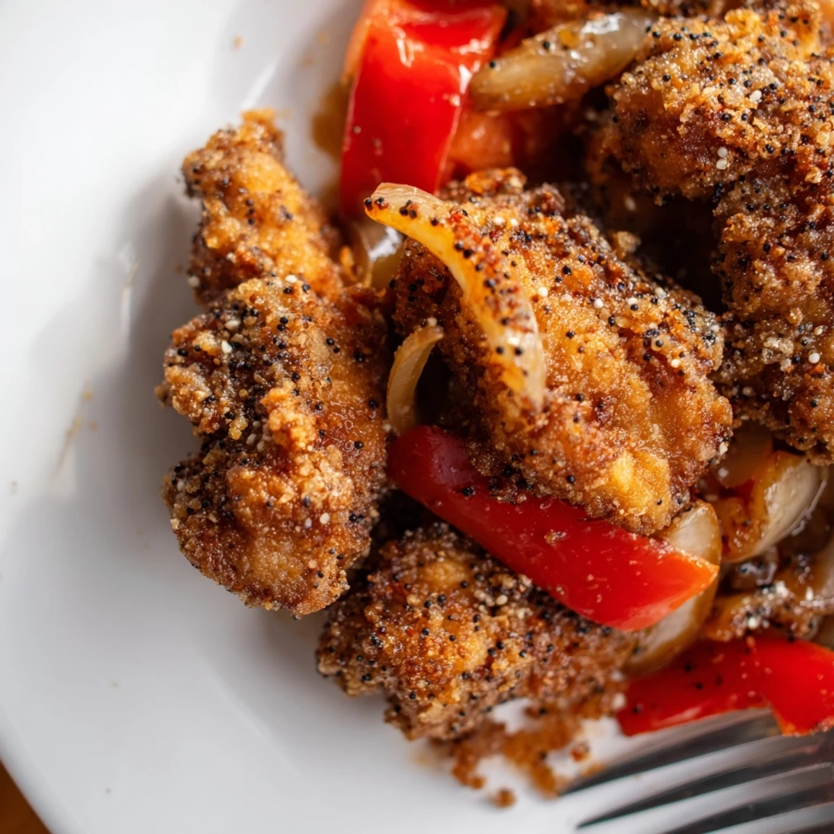 Juicy fried chicken coated in crunchy cornstarch with aromatic cracked black pepper and fresh green onions