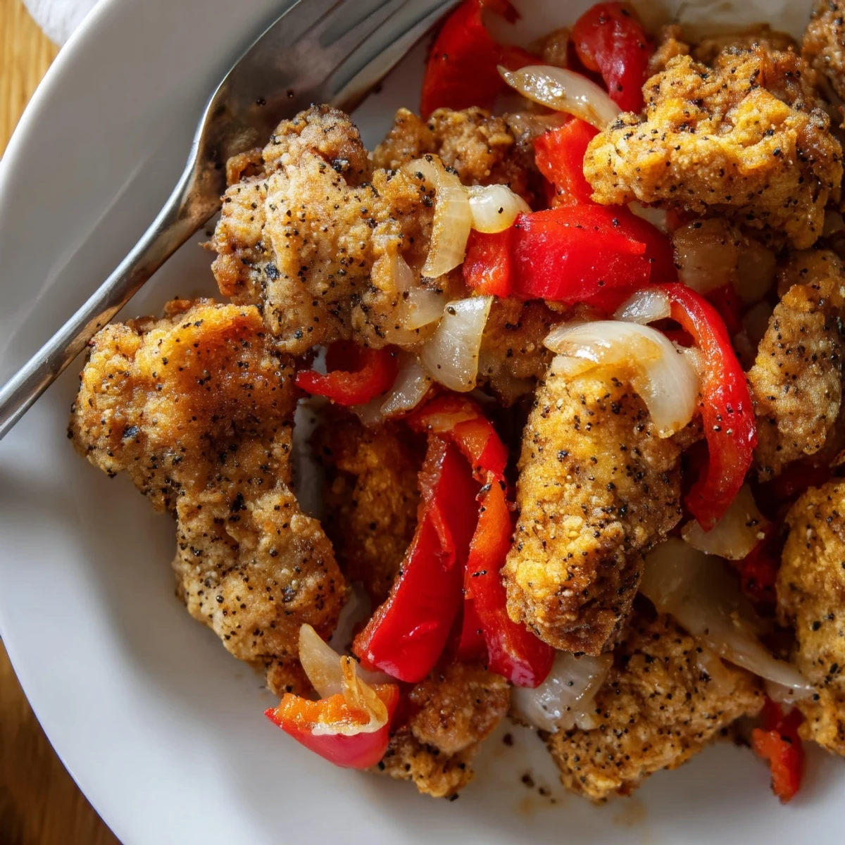 Steaming plate of Asian-style pepper chicken served with caramelized onions and vibrant red pepper slices