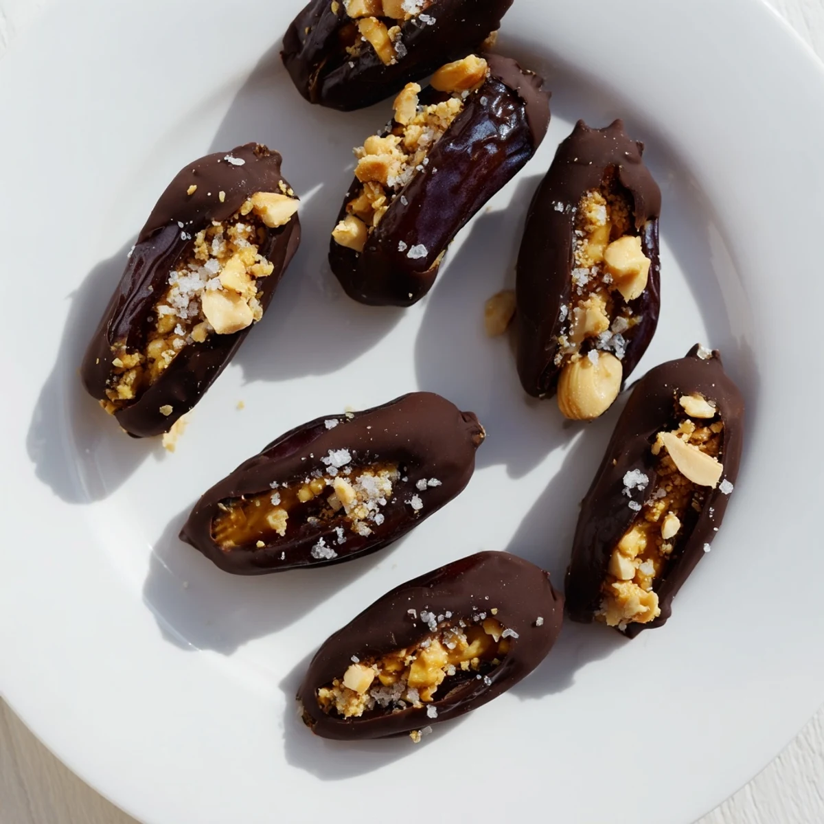 Homemade Date Snickers with creamy peanut butter filling and dark chocolate coating sprinkled with sea salt
