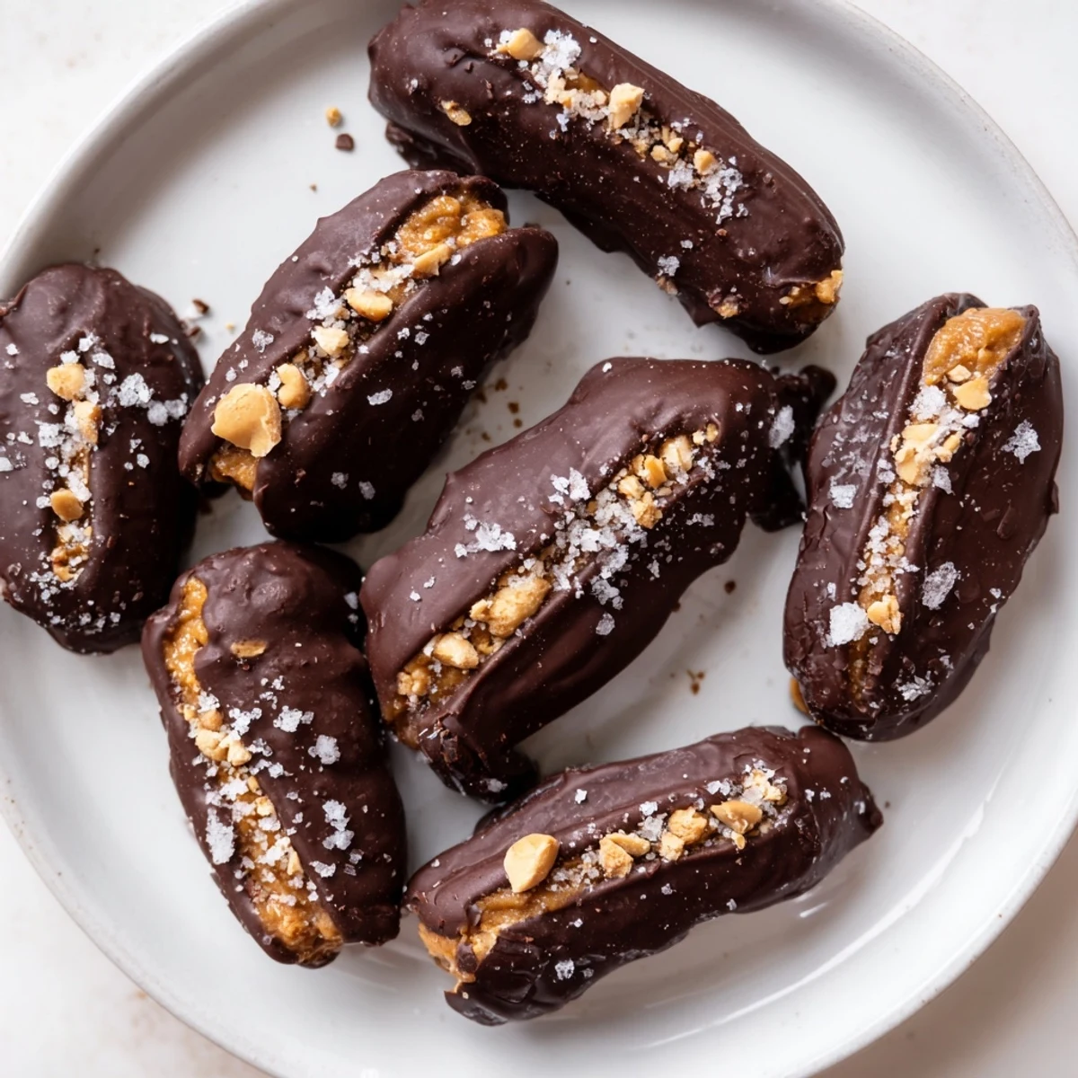 Bite sized Date Snickers candy cross section revealing nut butter and peanut center beneath glossy chocolate shell