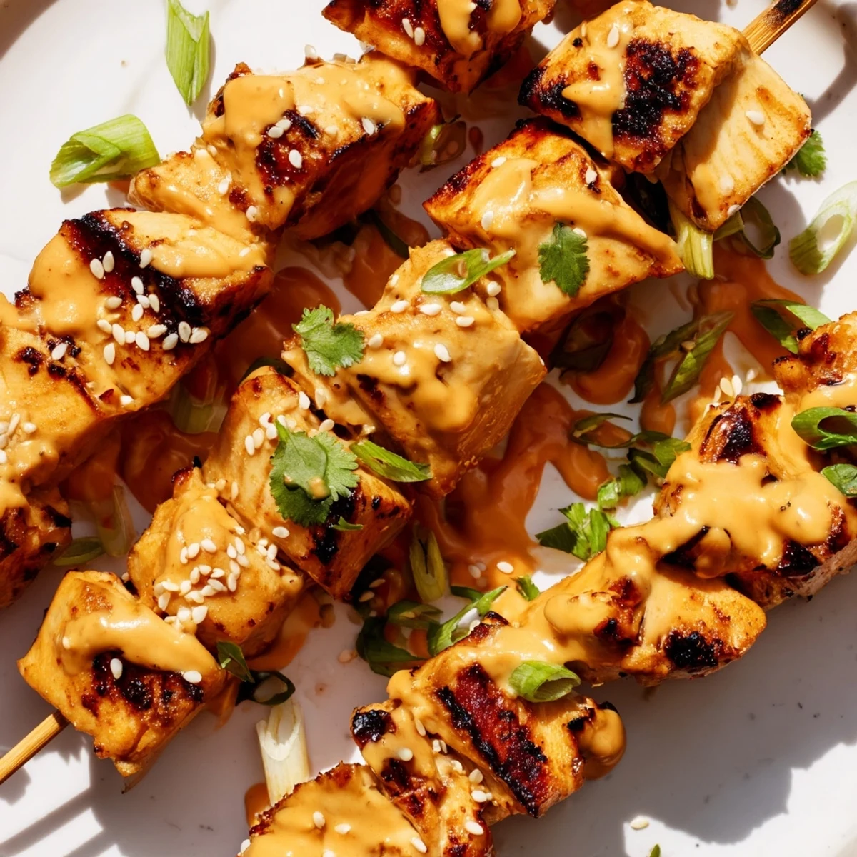 Golden grilled Bang Bang Chicken Skewers drizzled with creamy spicy sauce and sesame seeds