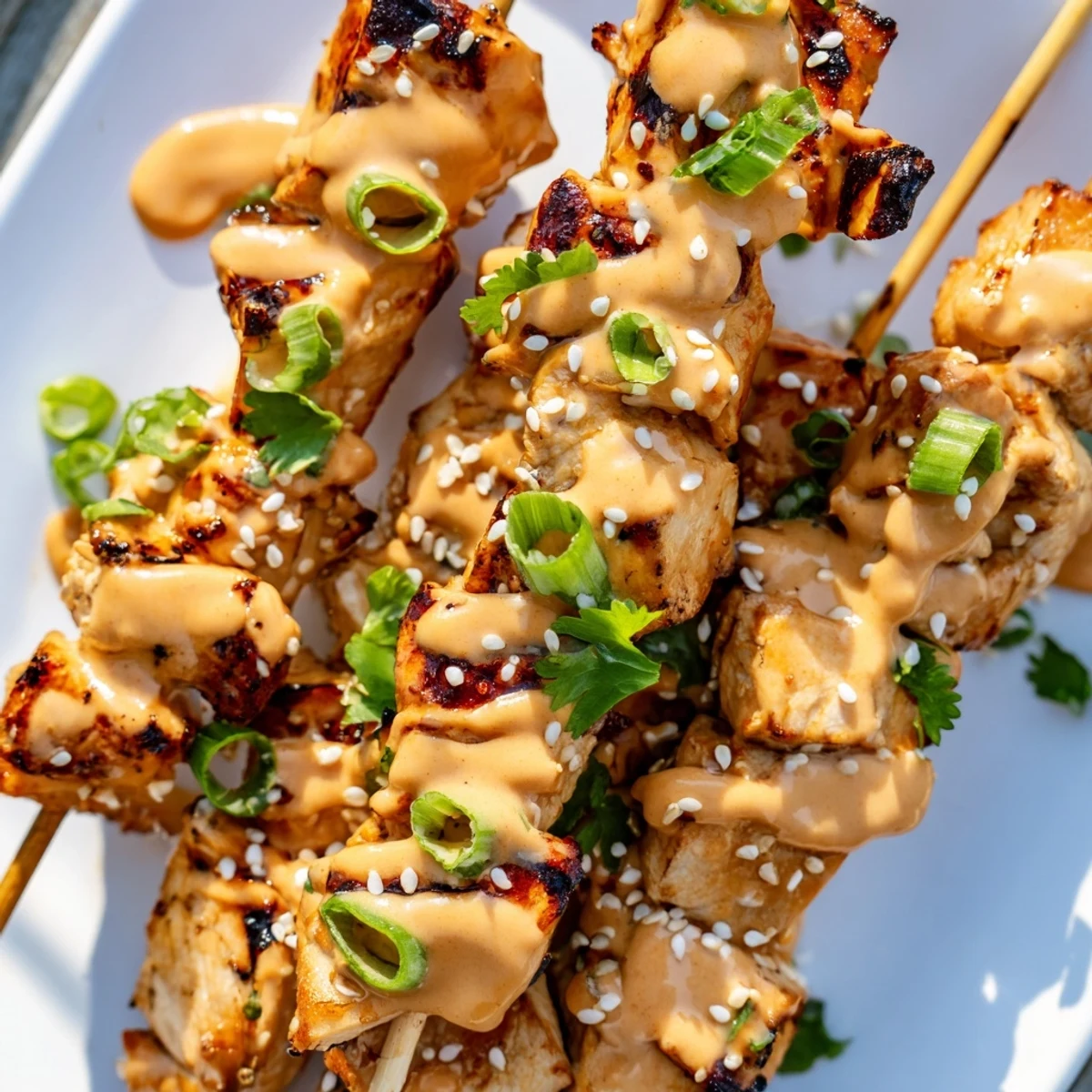 Juicy chicken skewers coated in sweet and spicy Bang Bang sauce on a serving platter