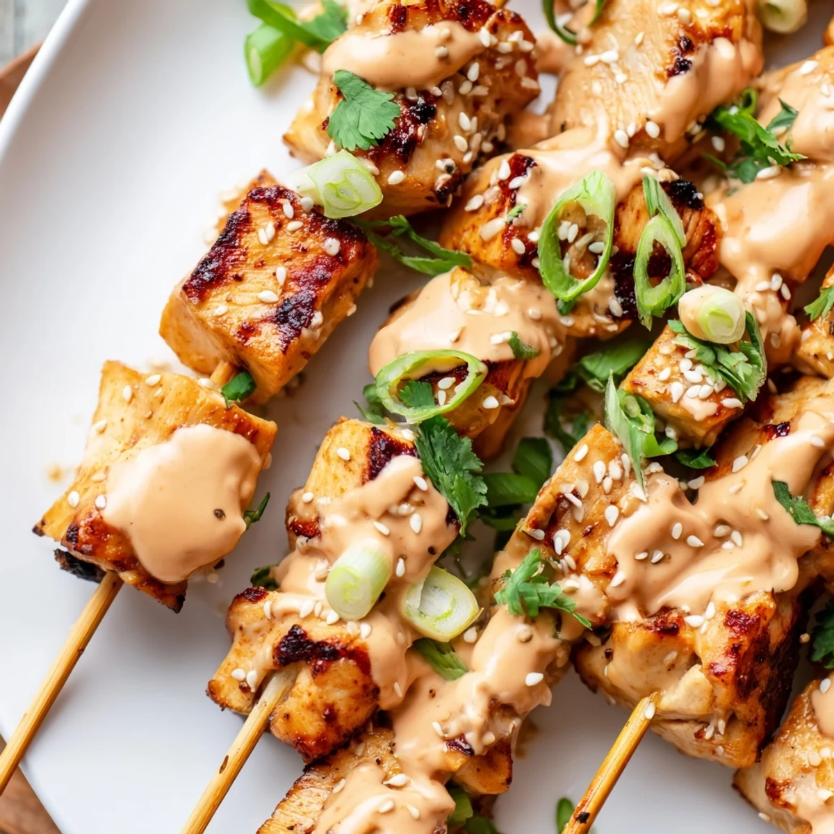 Charred Bang Bang Chicken Skewers topped with fresh scallions and cilantro on white plate