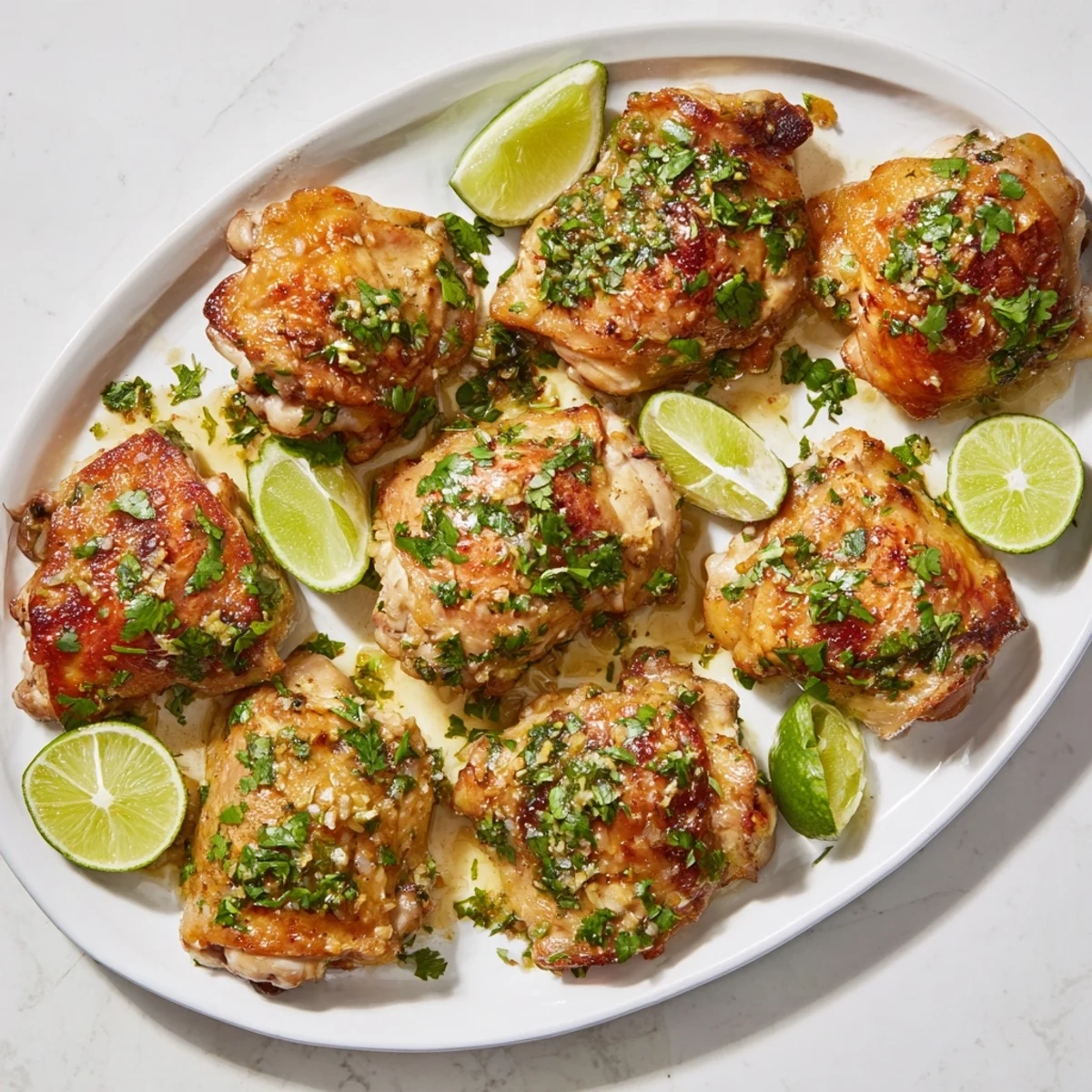 Golden brown Cuban Mojo Chicken Thighs roasted to perfection with crispy skin and fresh herb garnish