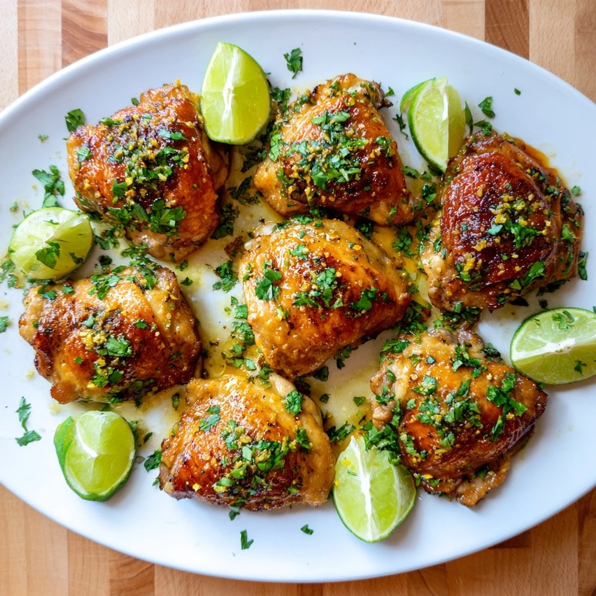 Juicy citrus-marinated Cuban Mojo Chicken Thighs served on a white platter with lime wedges