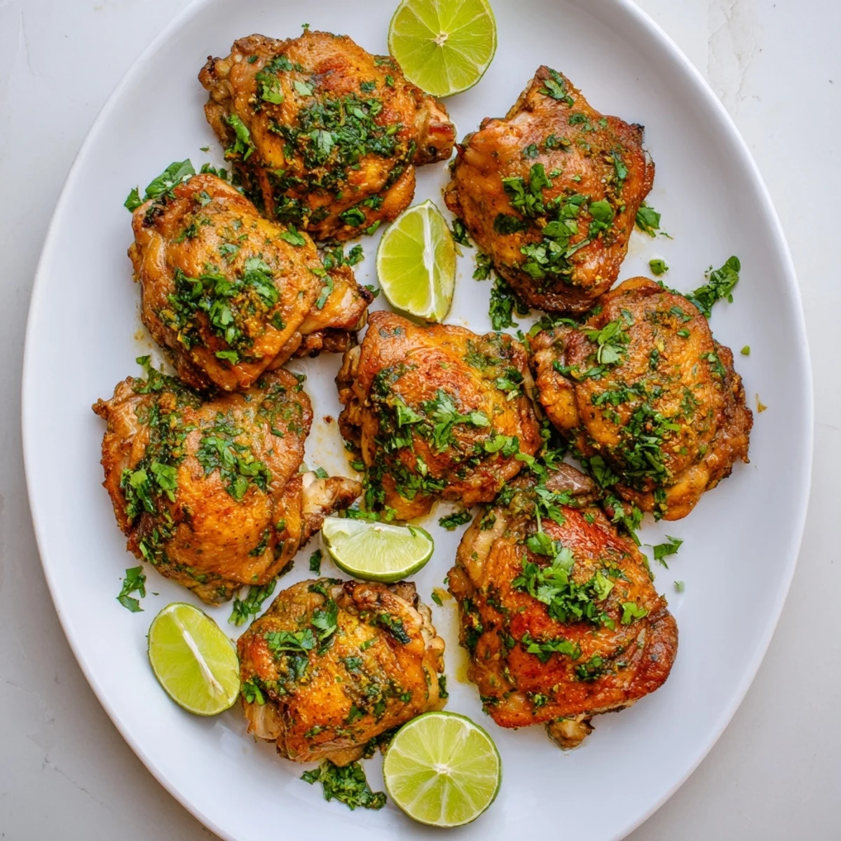 Roasted Cuban Mojo Chicken Thighs glistening with vibrant orange and lime mojo sauce and cilantro