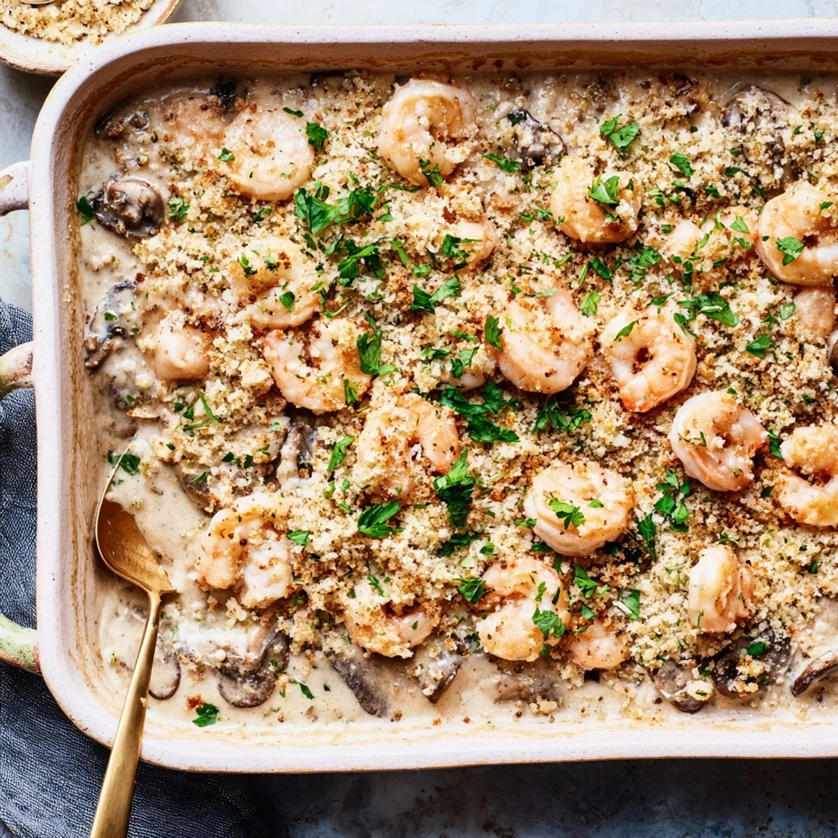 Golden brown shrimp mushroom casserole with crispy panko topping fresh from the oven