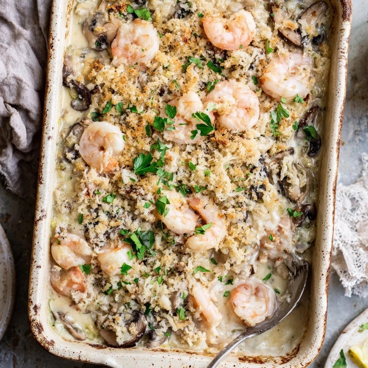Homemade shrimp mushroom casserole sprinkled with buttery parmesan breadcrumbs and garnished with fresh parsley