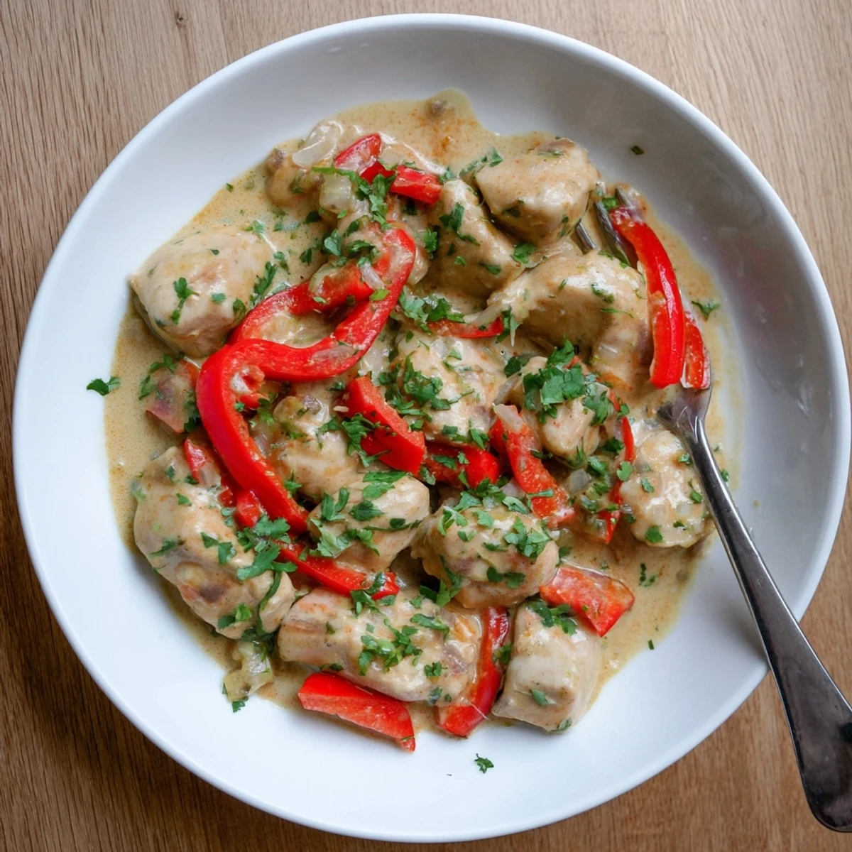 Golden Brazilian coconut chicken simmered in creamy white sauce with red bell pepper slices and fresh green cilantro garnish on white plate