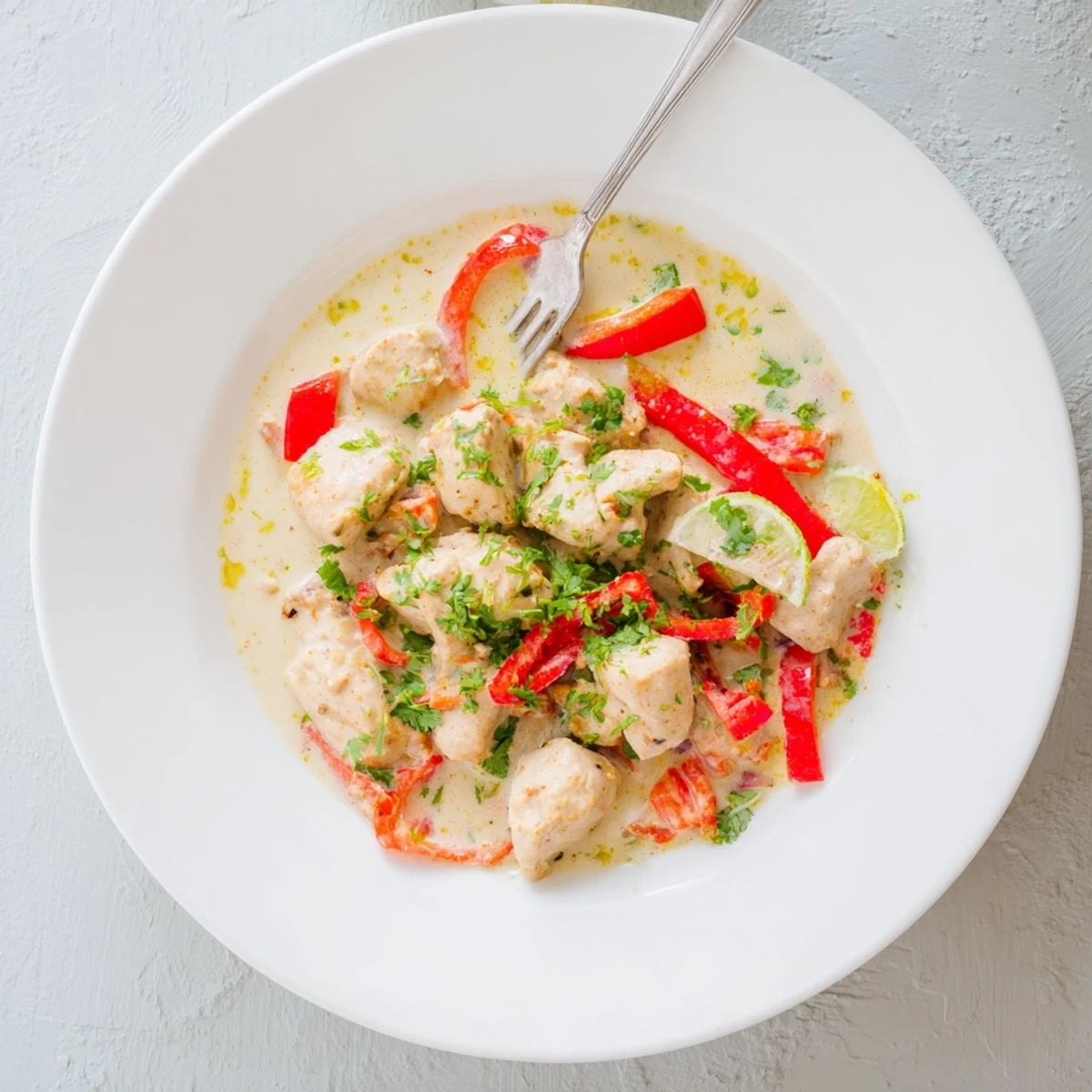 Tender pieces of Brazilian coconut chicken in rich coconut milk sauce served over fluffy white rice with lime wedge