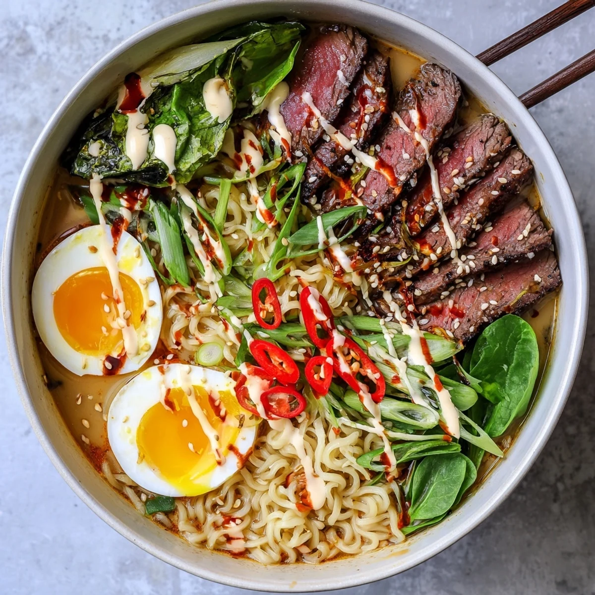 Bowl of spicy beef ramen with creamy garlic sauce drizzled over tender beef slices and soft-boiled egg