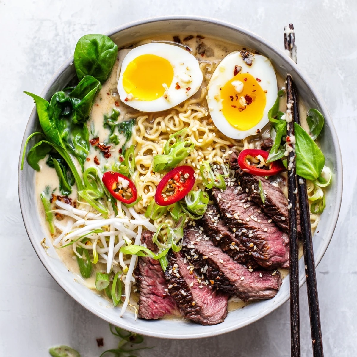 Steaming Japanese fusion ramen featuring spicy beef in rich garlic broth topped with fresh bean sprouts and sesame seeds