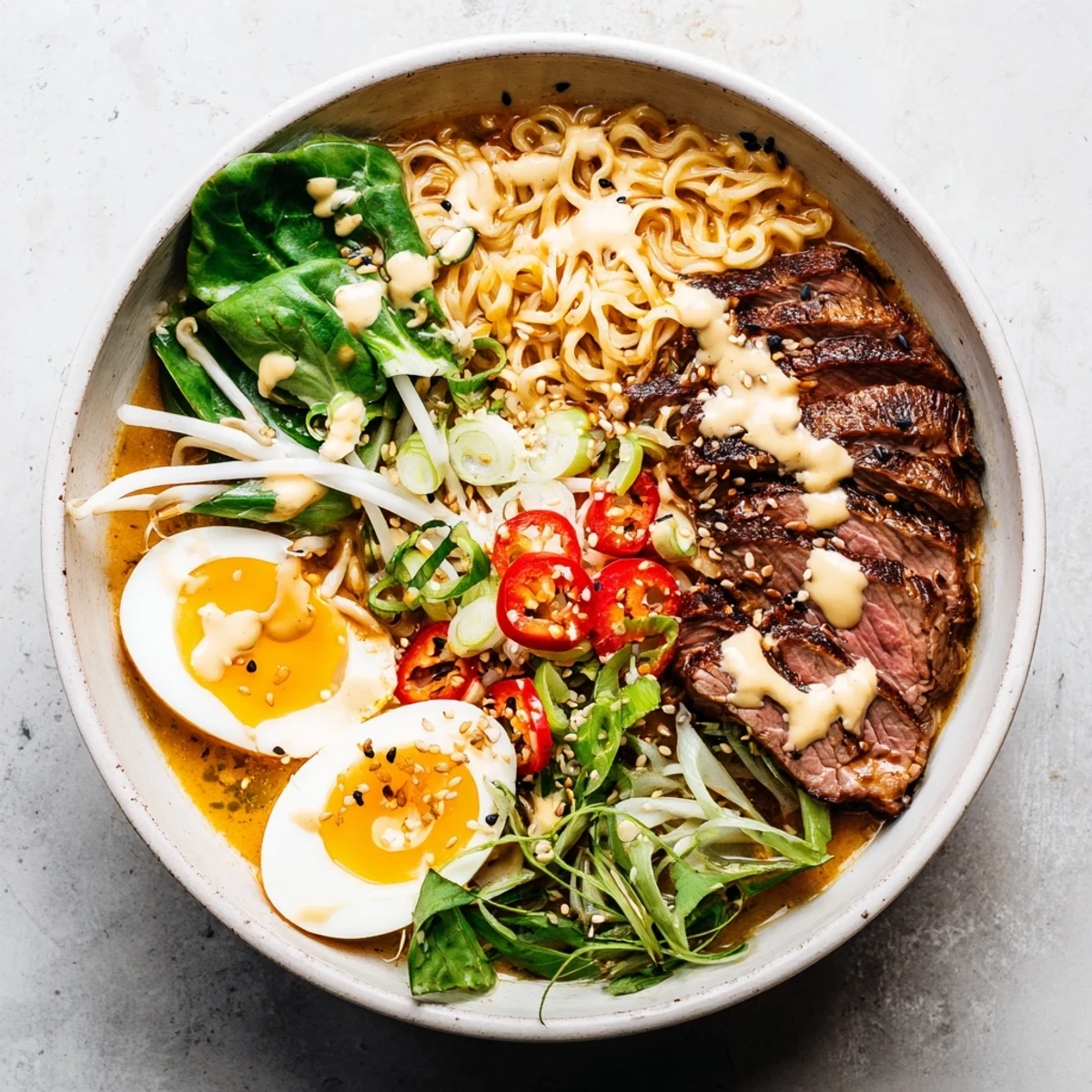 Creamy garlic ramen with marinated spicy beef, fresh green onions, and perfectly jammy soft-boiled eggs in bowl