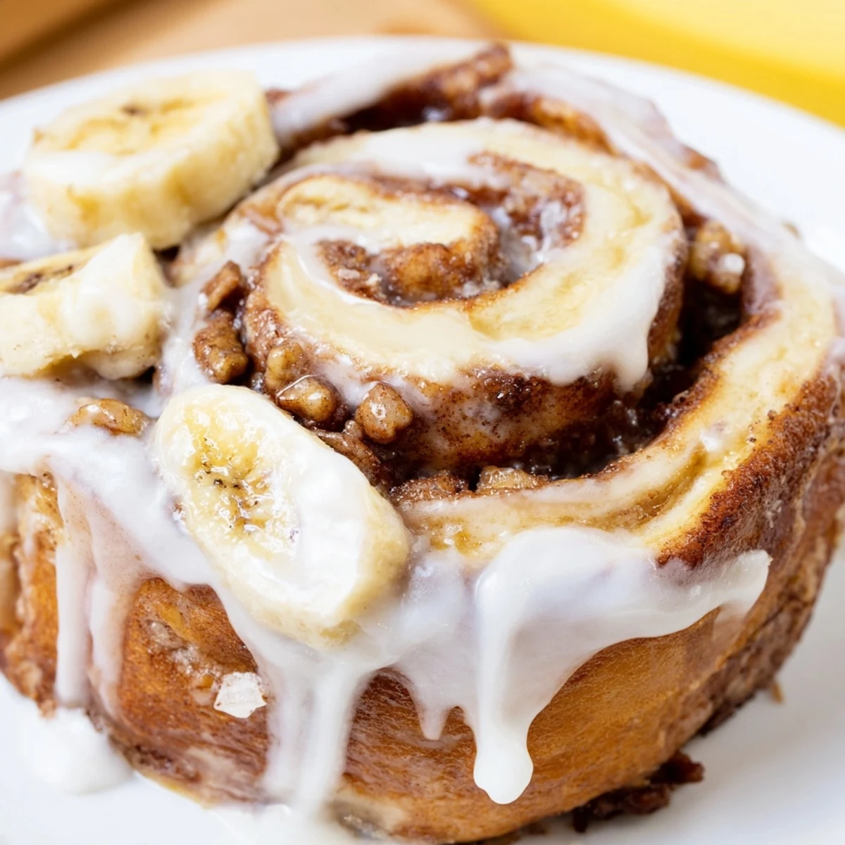 Golden banana cinnamon rolls dripping with creamy white glaze on a serving plate