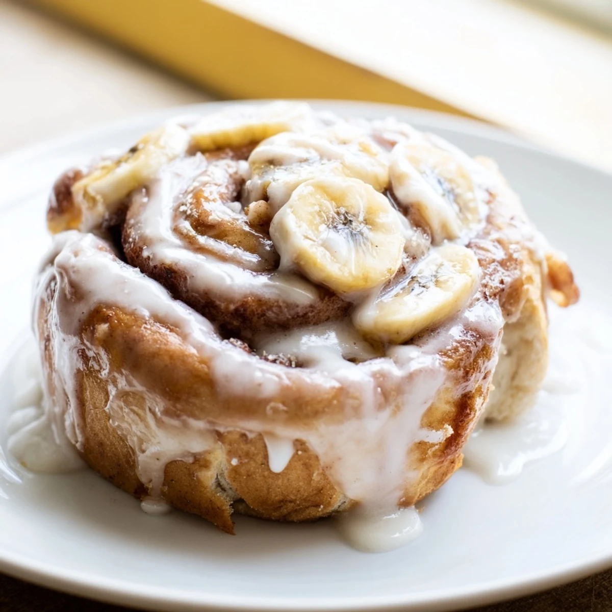 Warm banana cinnamon rolls with melted glaze pooling between the pillowy spiral layers