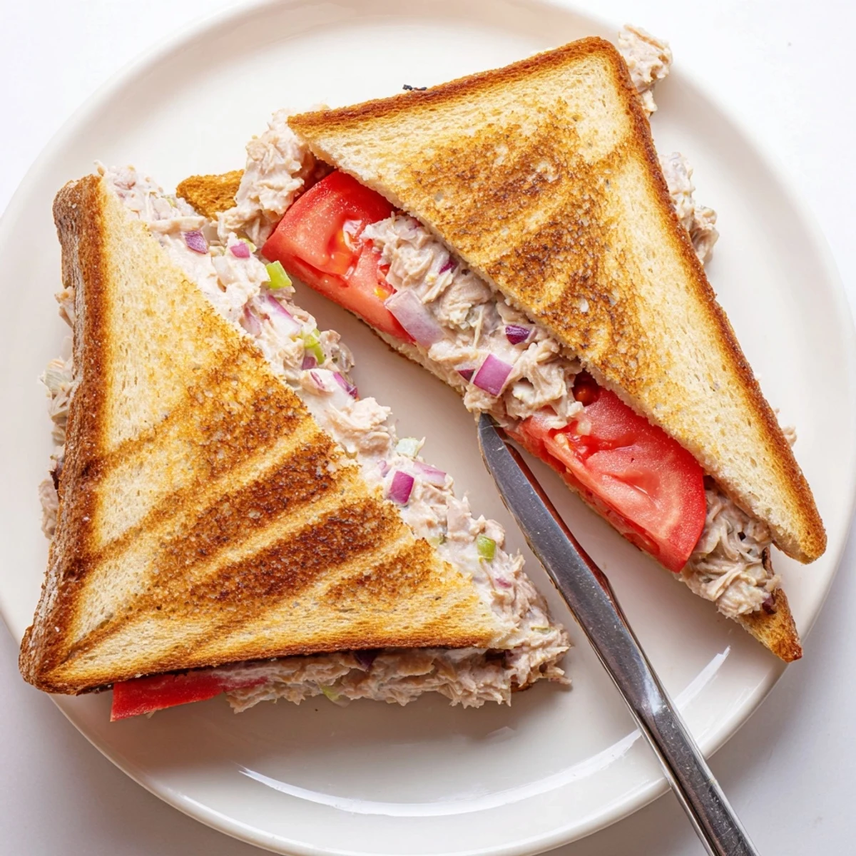 Golden tuna melt sandwich with melted Swiss cheese and fresh tomato slices on toasted bread