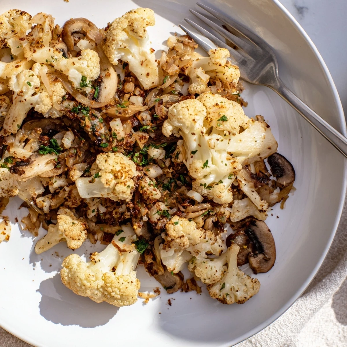 Golden brown garlic mushrooms and cauliflower skillet sizzling in a cast iron pan with fresh green parsley sprinkled on top