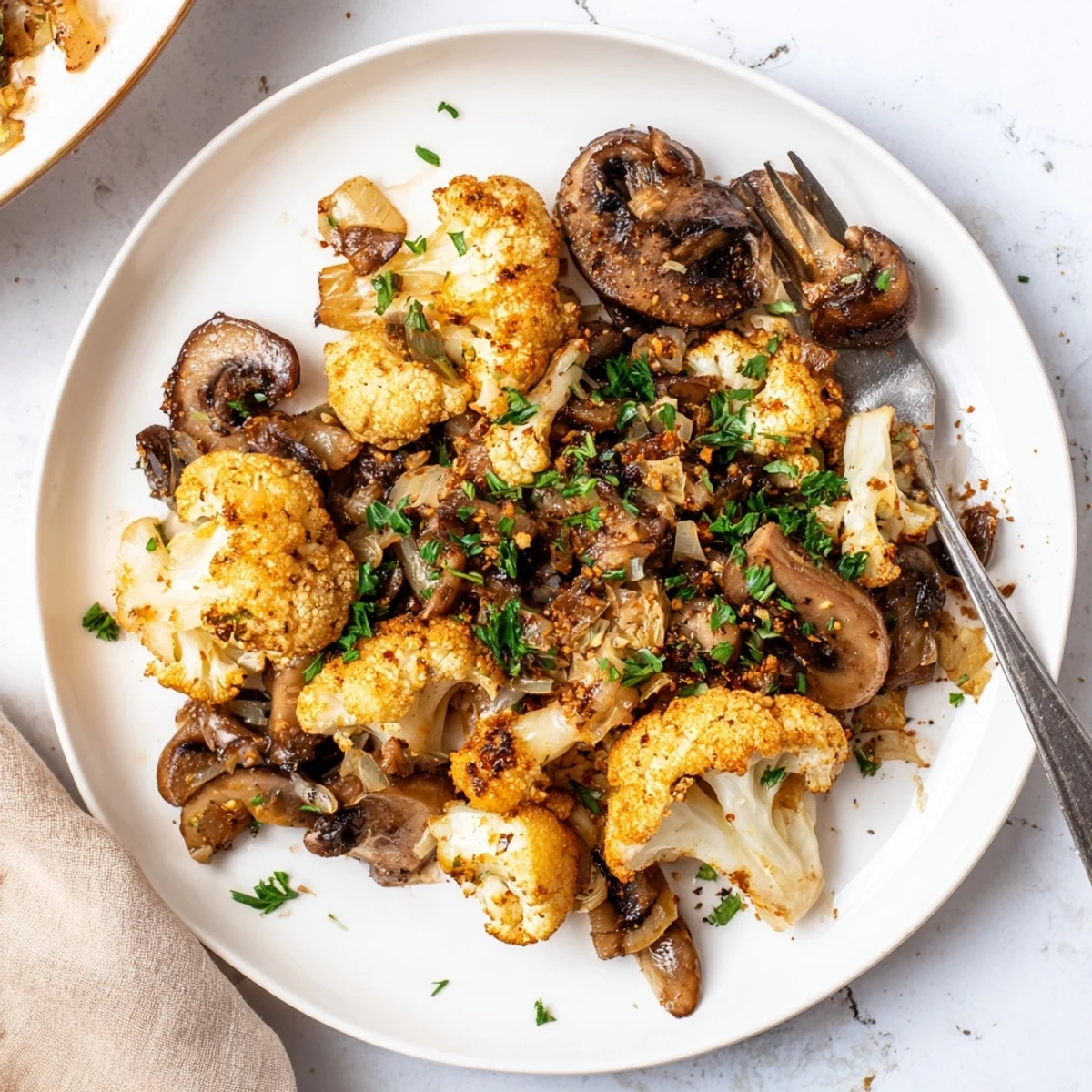 Tender roasted cauliflower florets and savory mushrooms cooked in garlic olive oil until lightly caramelized and fragrant